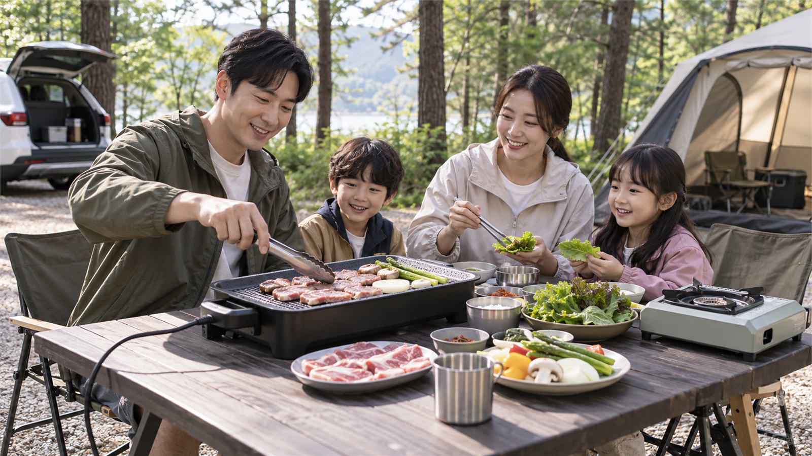 숯불 없이 전기그릴과 불이 꺼진 휴대용 가스버너로 취사를 준비하는 일반 캠핑 장면