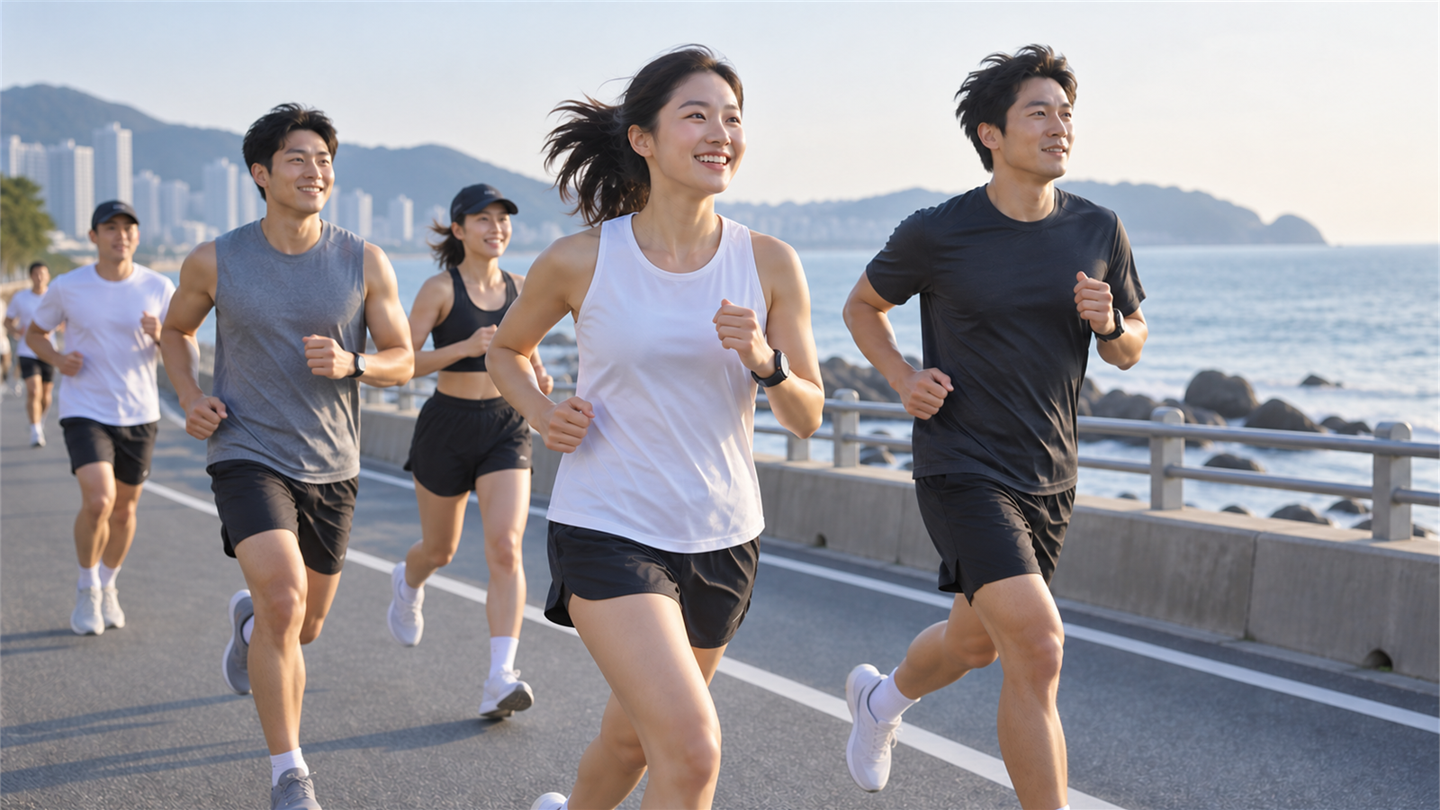 한국 성인 러너들이 부산 해안 분위기의 도로에서 함께 달리는 모습
