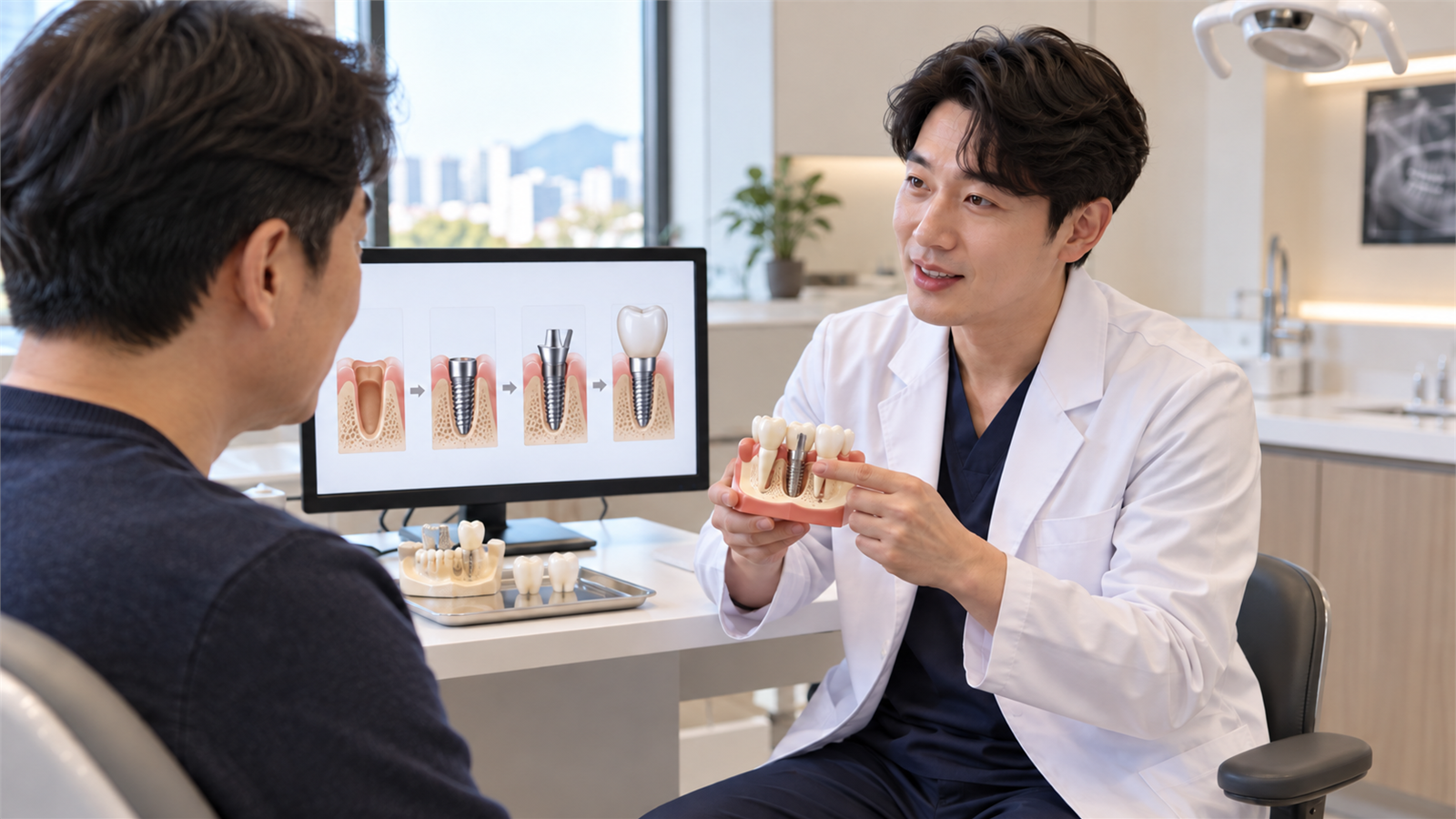 치과 의료진이 임플란트 모형과 단계 그림으로 치료 구조를 설명하는 일반적인 상담 장면