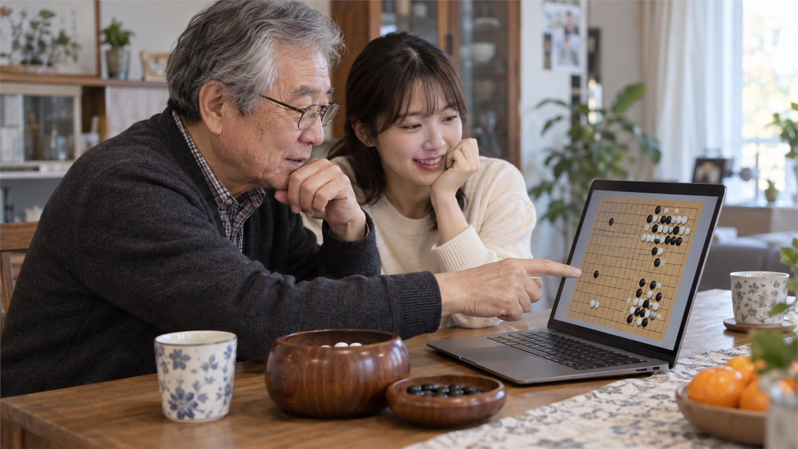 타이젬 바둑 설치 방법·대국실 바로가기 이용 안내 4 가족이 글자와 로고가 없는 노트북 바둑판 화면을 함께 살펴보는 장면