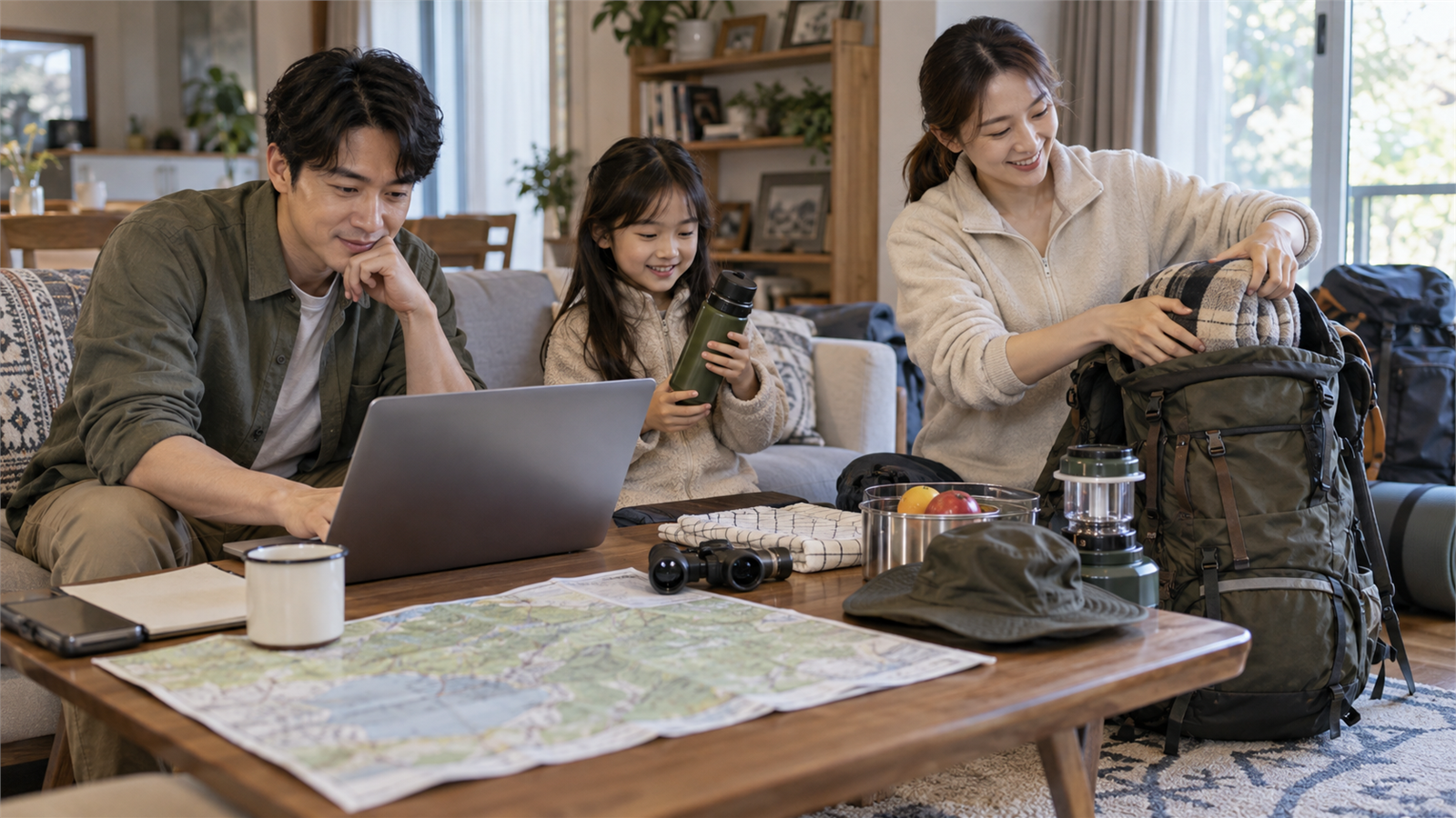 유명산 자연휴양림 숲속의집 예약 신청 방법·요금 안내 4 가족이 무표식 노트북과 지도, 배낭으로 산림휴양 여행을 준비하는 일반 장면
