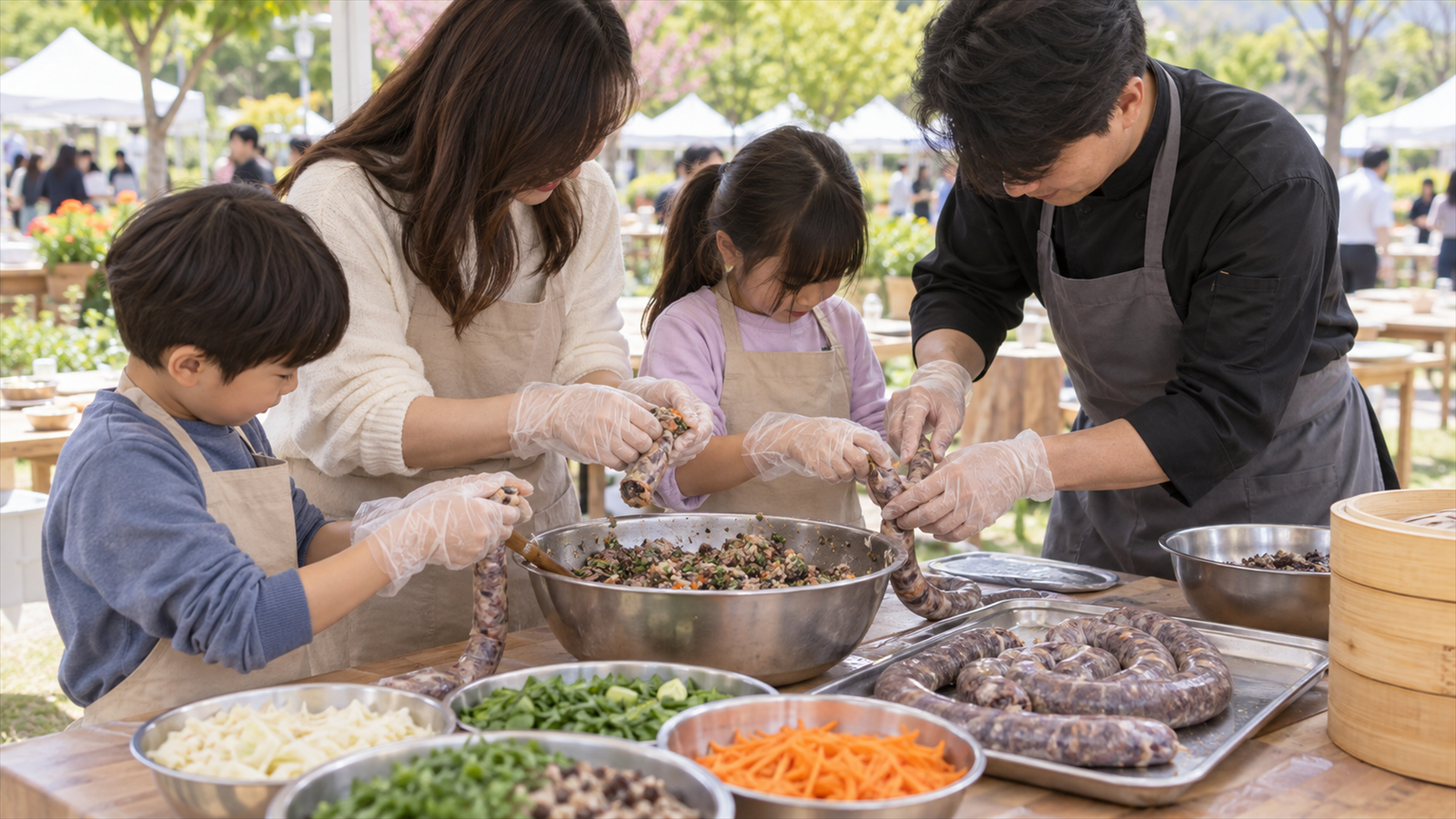 가족 참가자들이 야외 요리 체험에서 재료를 골라 순대를 만드는 장면