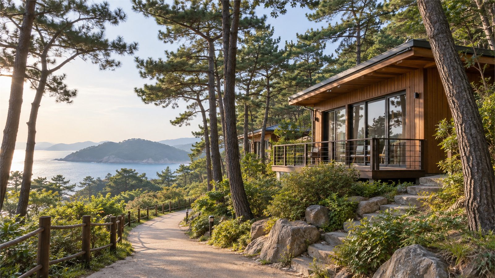 바다가 보이는 숲속 목조 숙박동을 표현한 장면