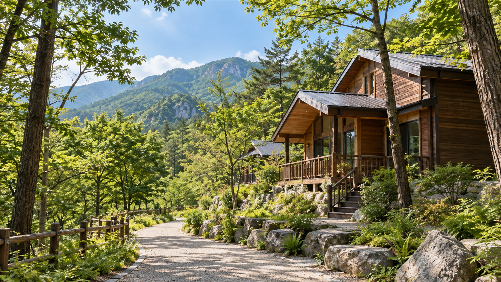 울창한 산림과 산자락을 배경으로 자리한 목조 휴양 숙소 풍경