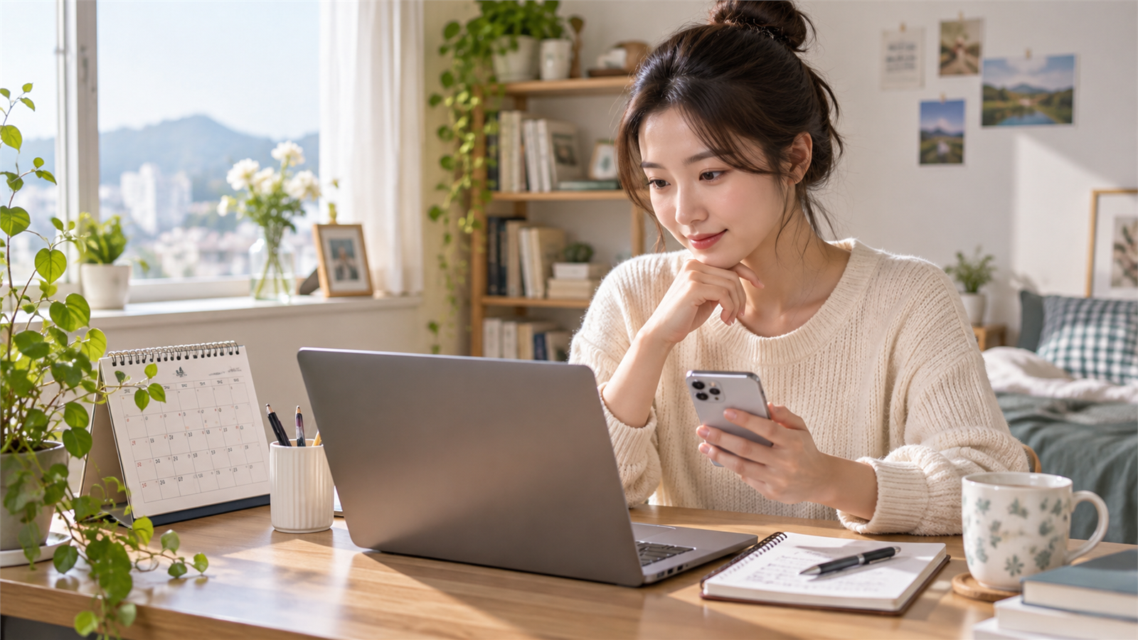 밝은 집에서 달력과 노트북을 곁에 두고 스마트폰으로 생년월일을 확인하는 여성