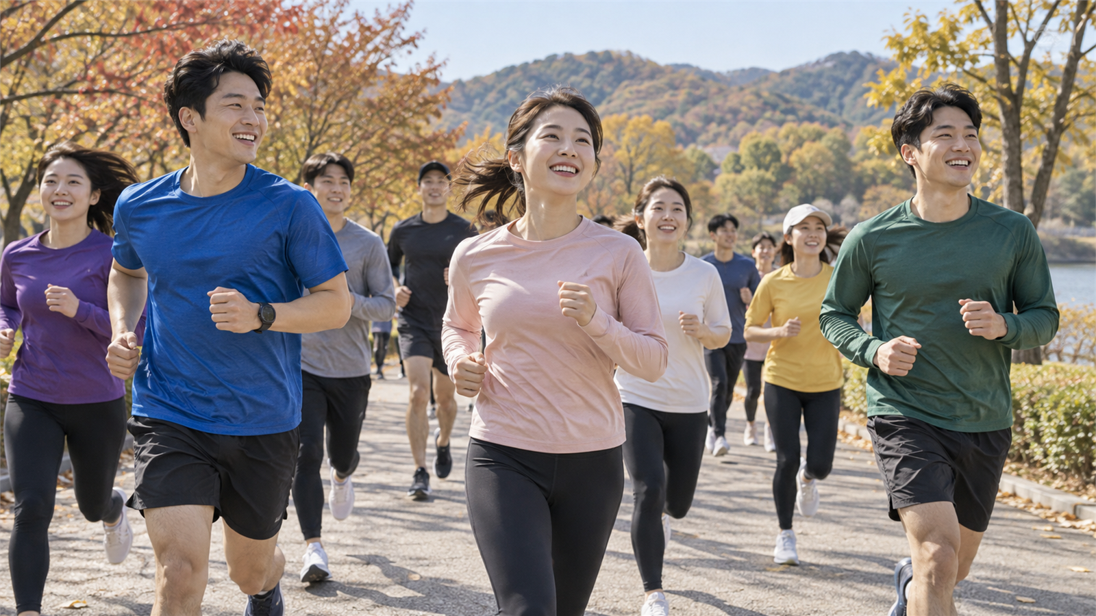 가을 공원 산책로에서 함께 달리는 성인 러너들