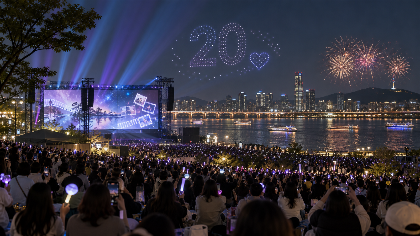 빅뱅 20주년 한강 팬 이벤트 종료, 무료 예매·프로그램 정리 3 한강 야외 팬 이벤트에서 영상과 드론쇼를 관람하는 시민들
