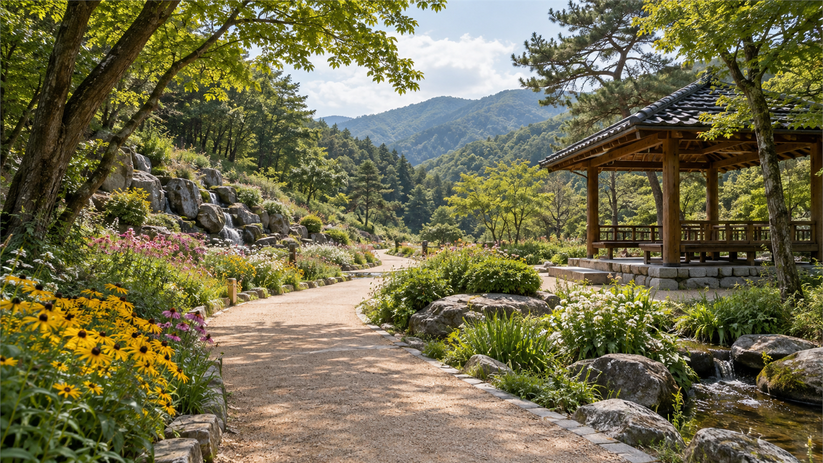 산림과 꽃길, 정자가 어우러진 조용한 치유공원 풍경