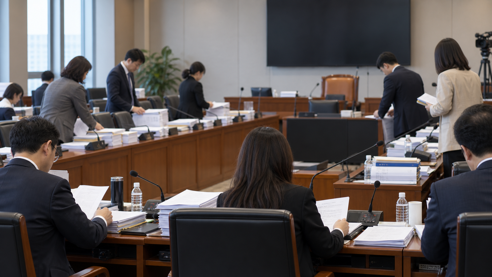 정몽규·홍명보·이임생 축구협회 국회 현안질의와 후속 감사 정리 3 국회 위원회 회의실에서 축구협회 현안질의 자료를 준비하는 익명의 관계자들