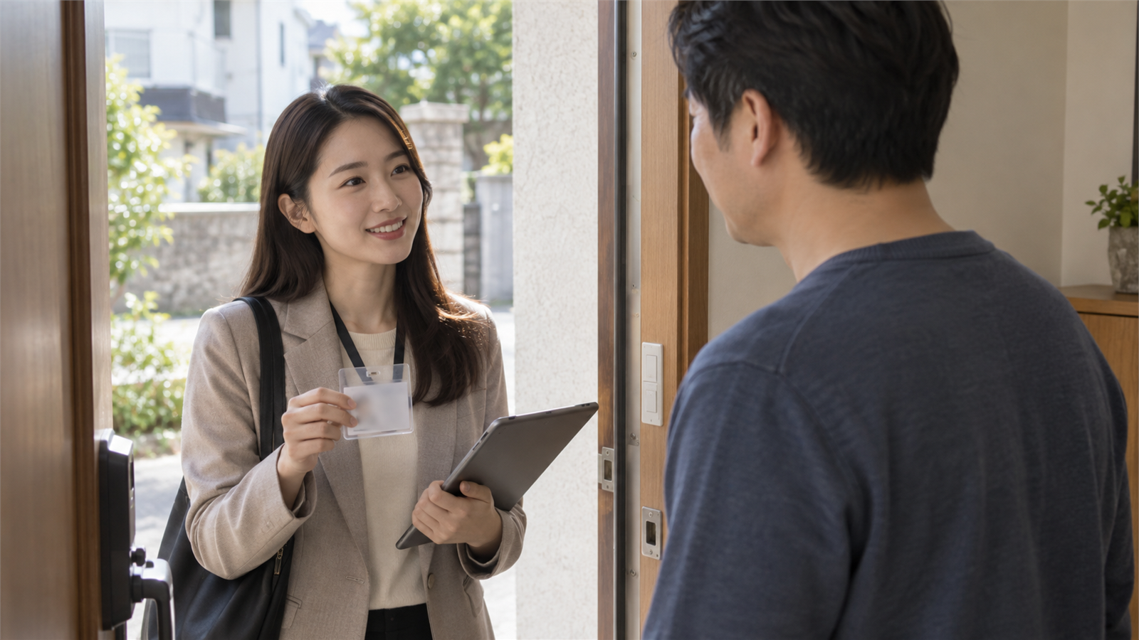 증명서를 든 조사원이 가정을 방문해 주민과 대화하는 생활 장면
