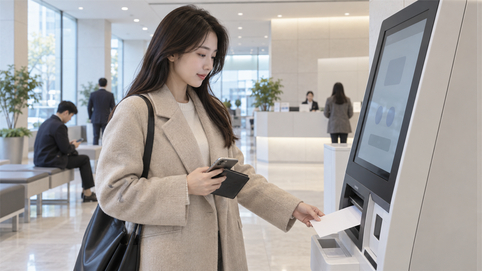 공공시설 무인민원발급기에서 증명서를 출력하는 장면