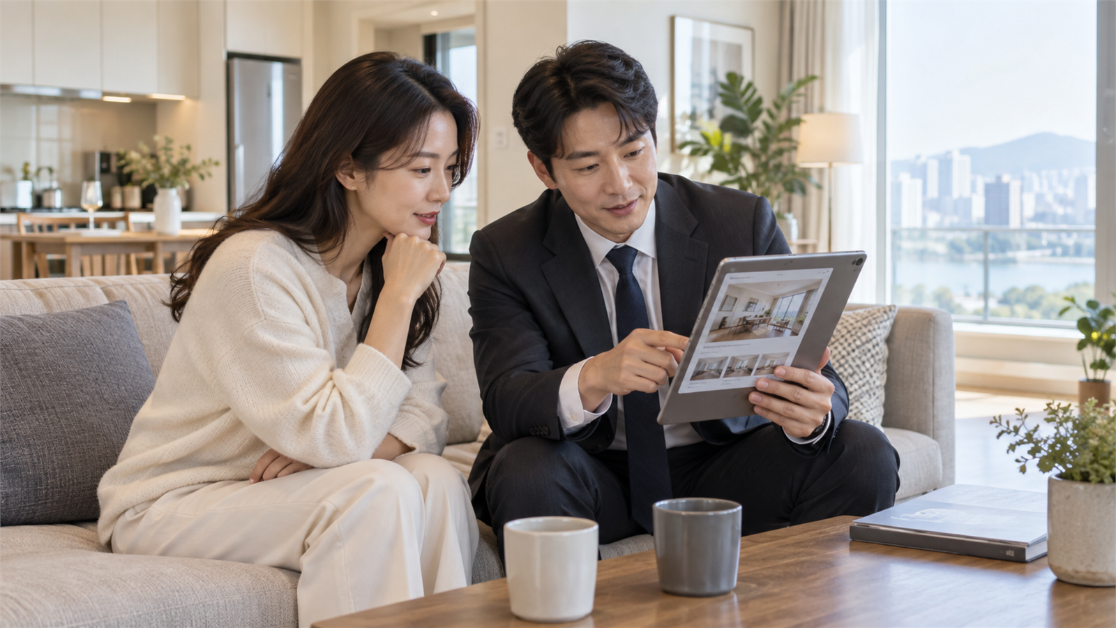 등록한 부동산 매물 정보를 태블릿으로 함께 점검하는 장면