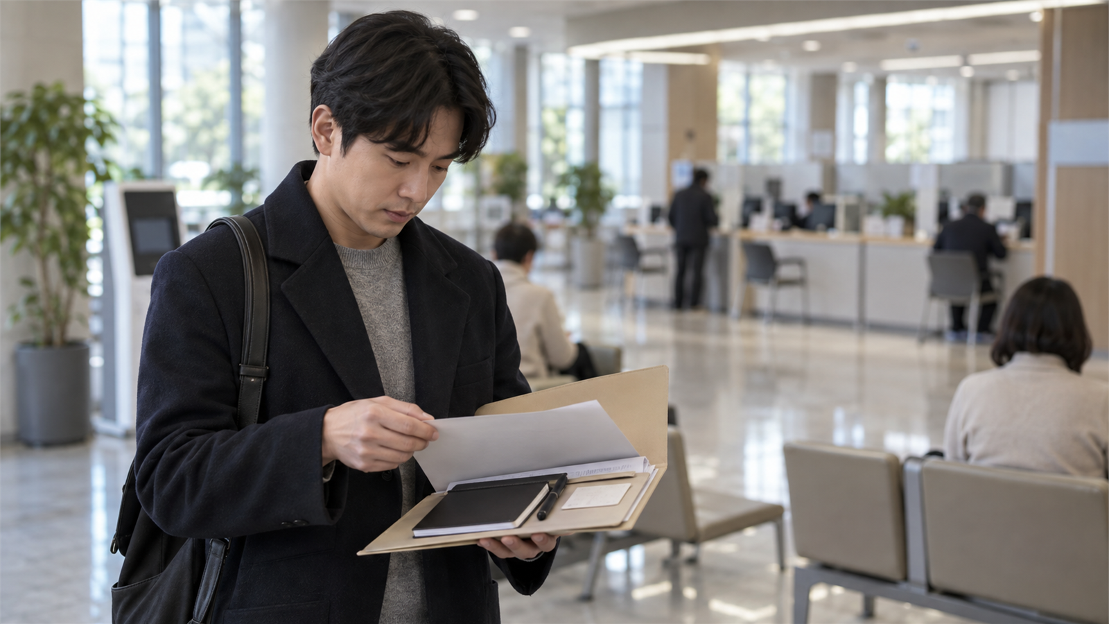 공공 민원실 방문을 앞두고 서류를 점검하는 장면