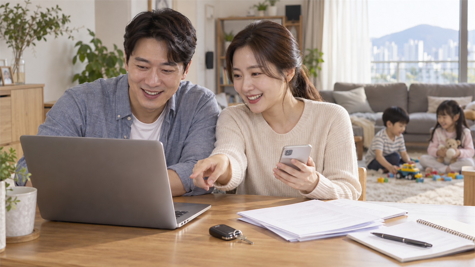 두 자녀를 둔 부모가 집에서 노트북과 스마트폰으로 할인 신청을 준비하는 장면
