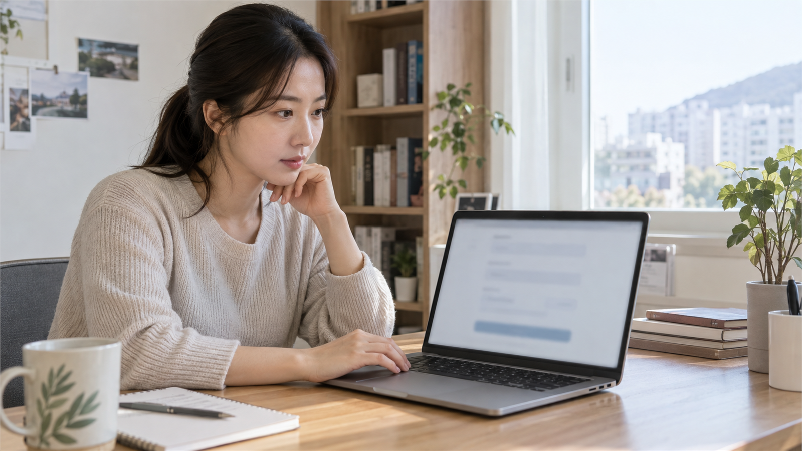 성인 여성이 글자 없는 일반 온라인 서명 양식을 확인하는 중립적인 장면