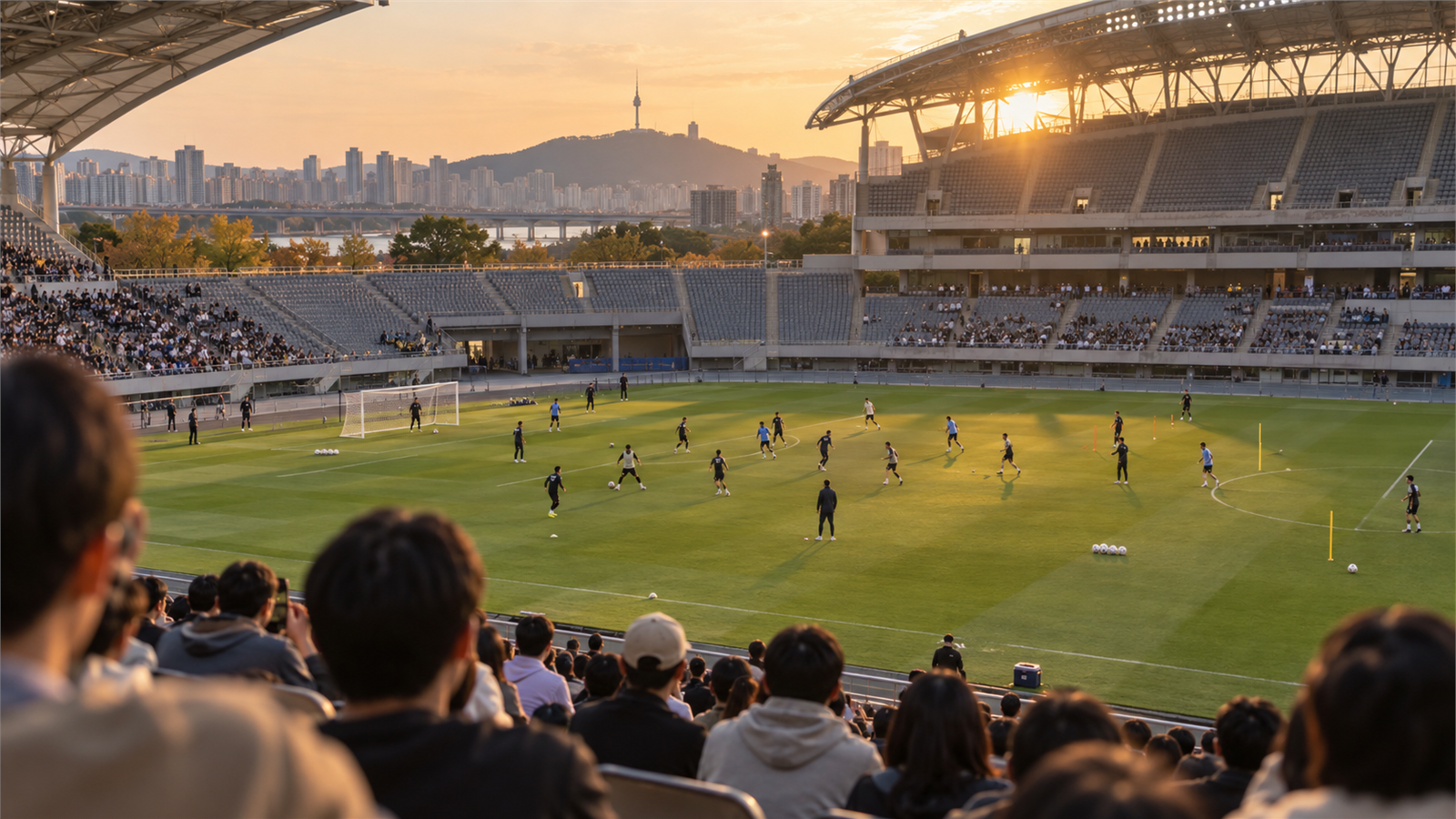 실존 선수를 식별할 수 없는 축구팀의 공개 훈련을 관중석에서 보는 일반 장면