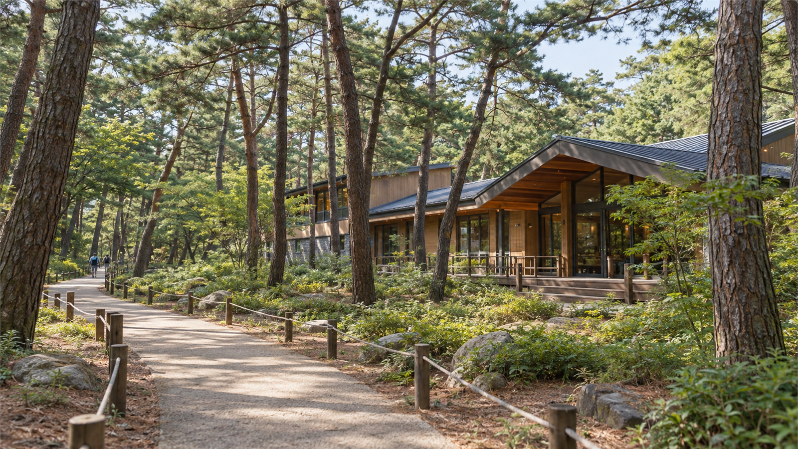울창한 소나무 숲길 옆에 자리한 자연휴양림 숙박동 풍경
