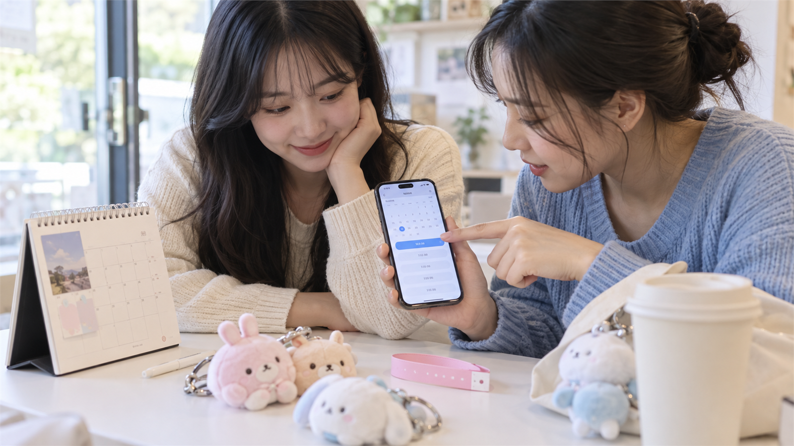 친구와 함께 휴대전화 일정 화면으로 행사 예약 회차를 확인하는 모습