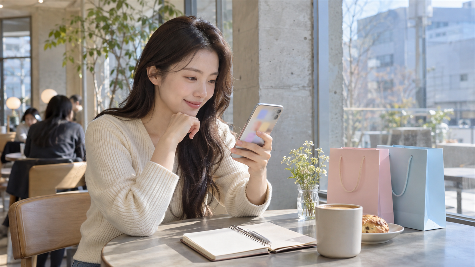 성인 여성이 글자 없는 휴대전화 화면으로 팝업 예약 정보를 확인하는 일반적인 장면