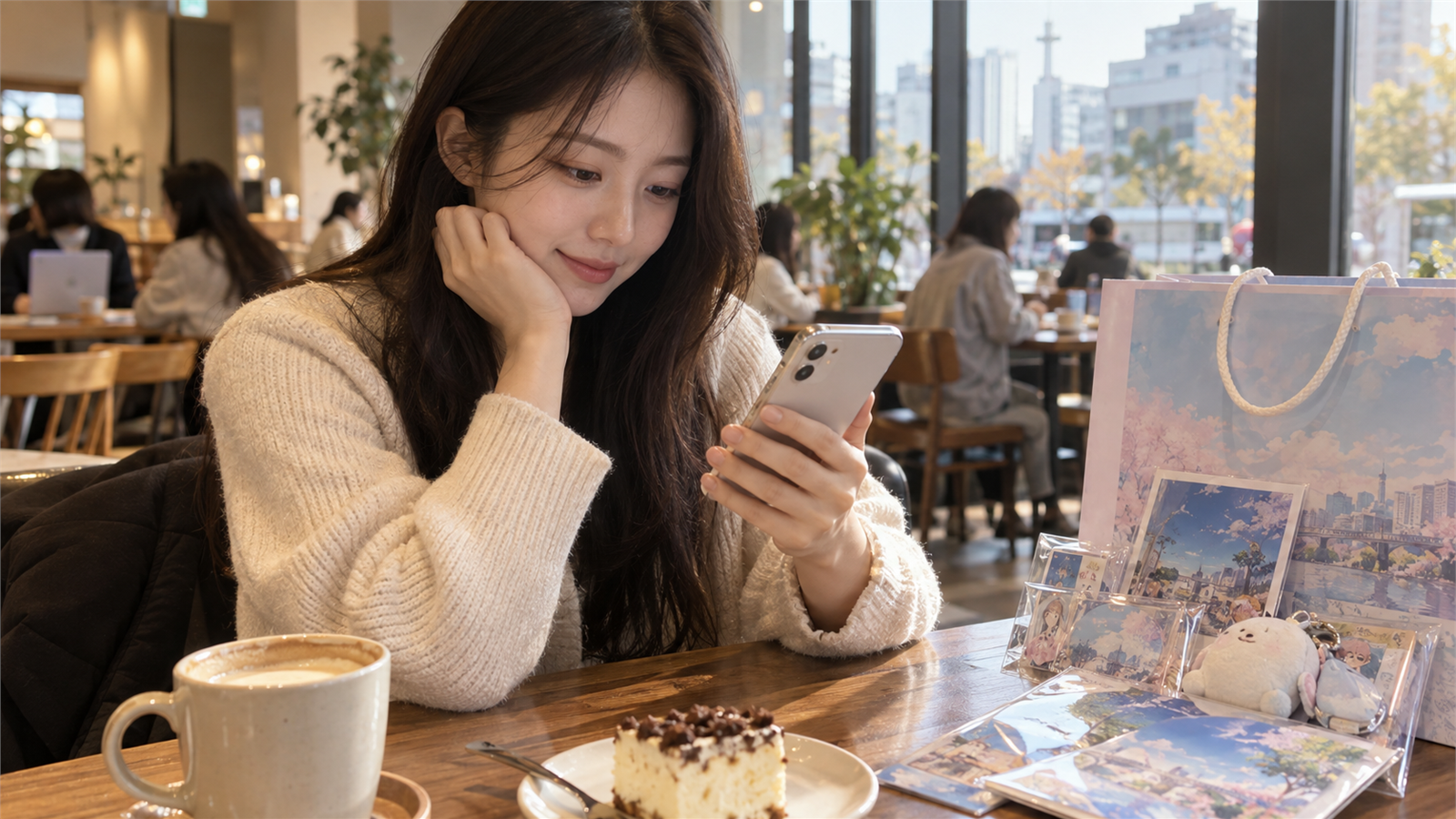 성인 여성이 글자 없는 휴대전화로 예약 정보를 확인하는 일반적인 굿즈 준비 장면