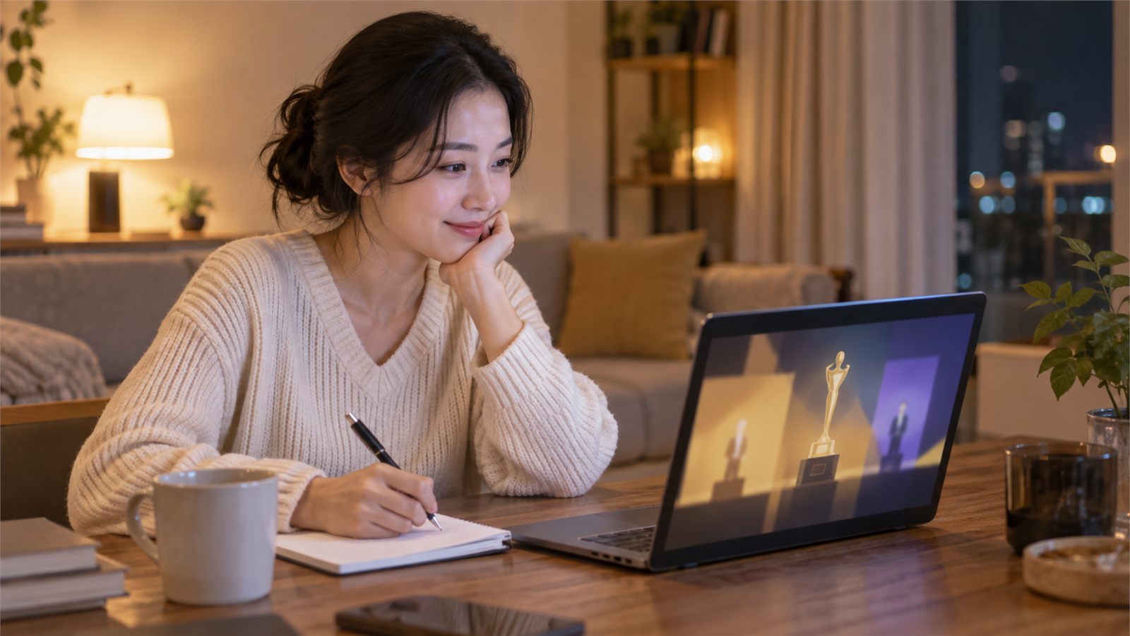 성인 여성이 글자 없는 노트북 화면으로 종료된 시상식 결과를 확인하는 일반적인 장면