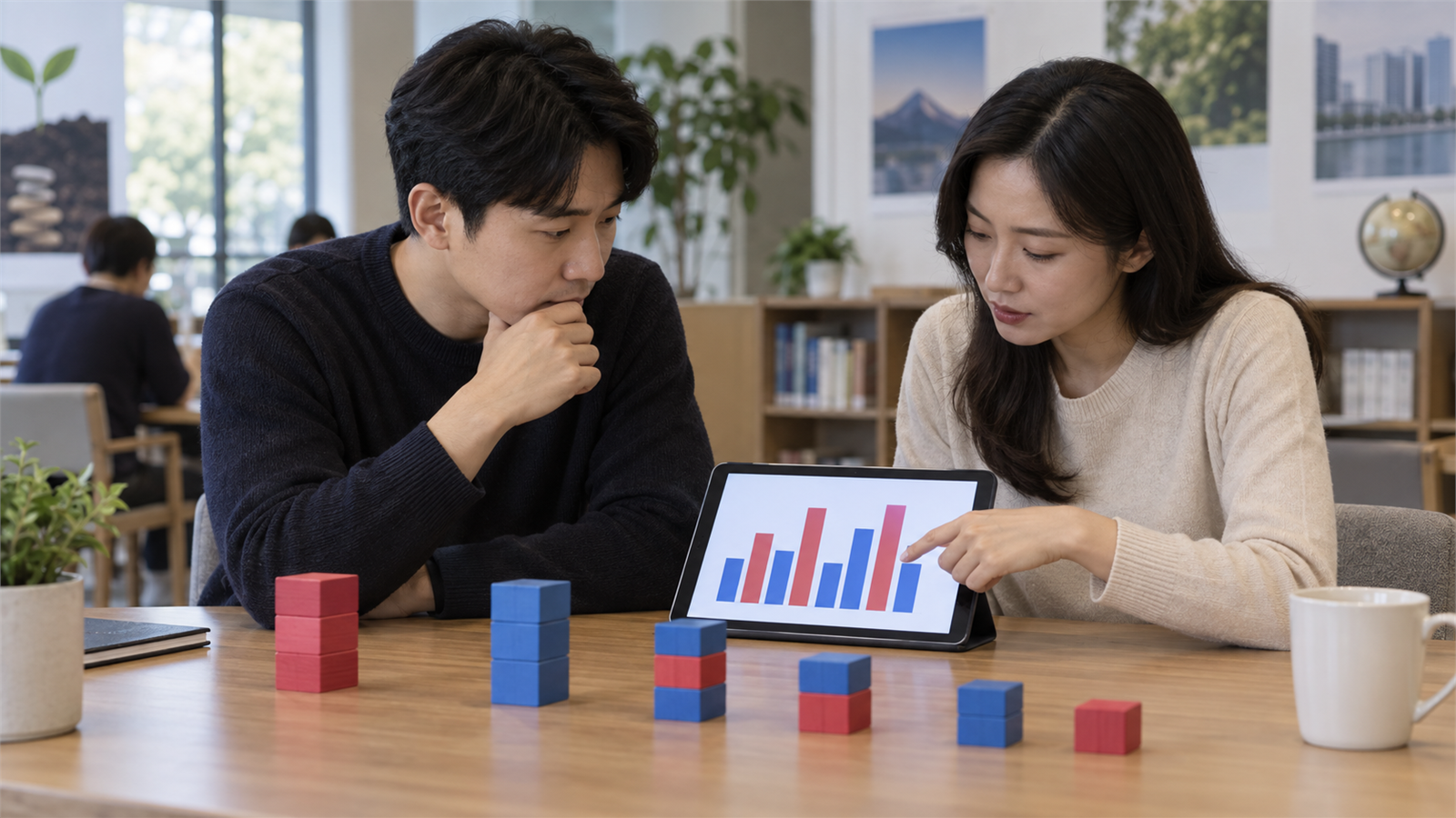 인버스·곱버스 차이 수익 구조와 투자 위험 3 두 성인이 태블릿의 상하 변동 막대그래프를 보며 투자 위험을 검토하는 모습
