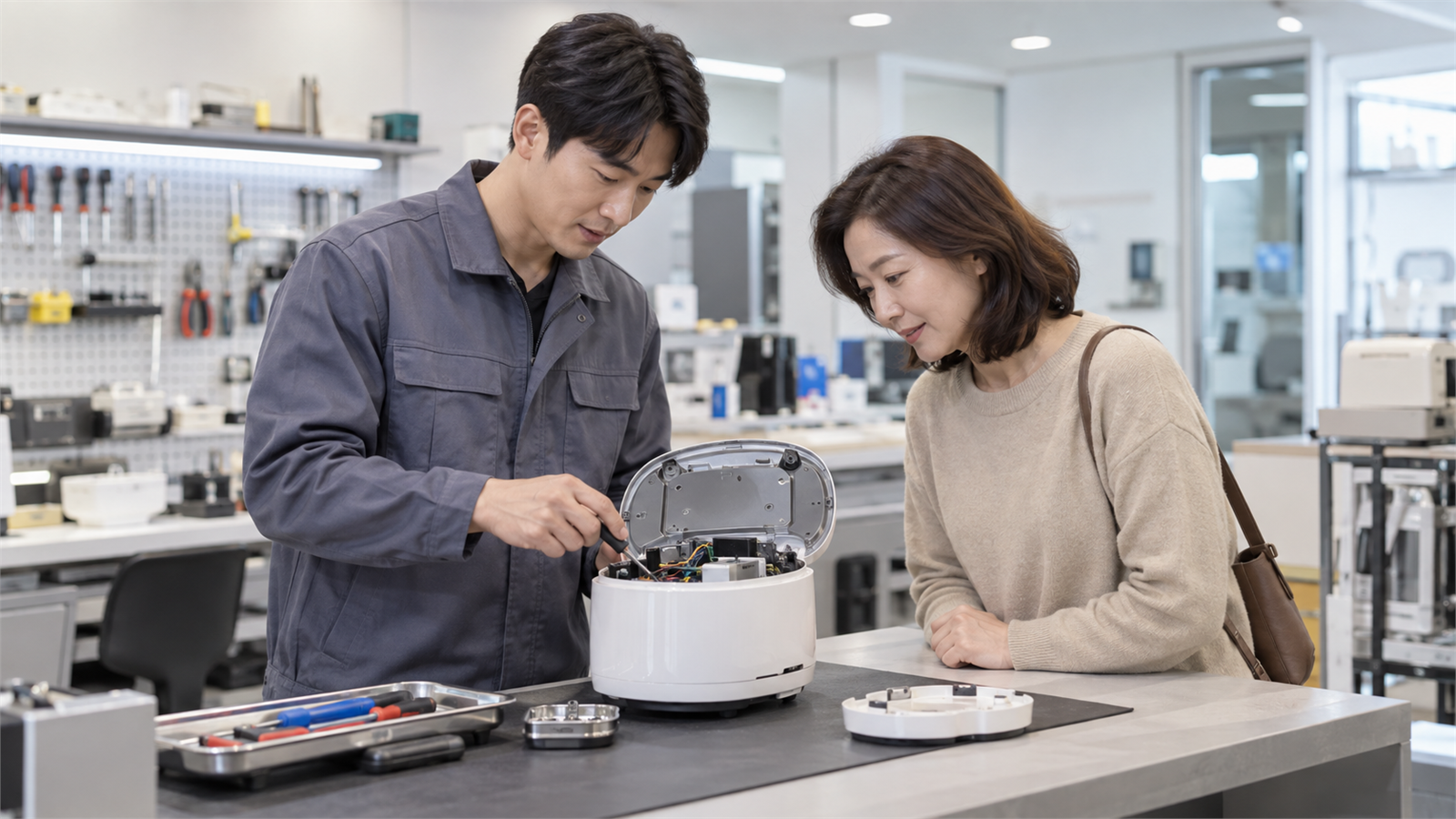 서비스센터 접수대에서 기술자와 소형 가전을 살펴보는 고객