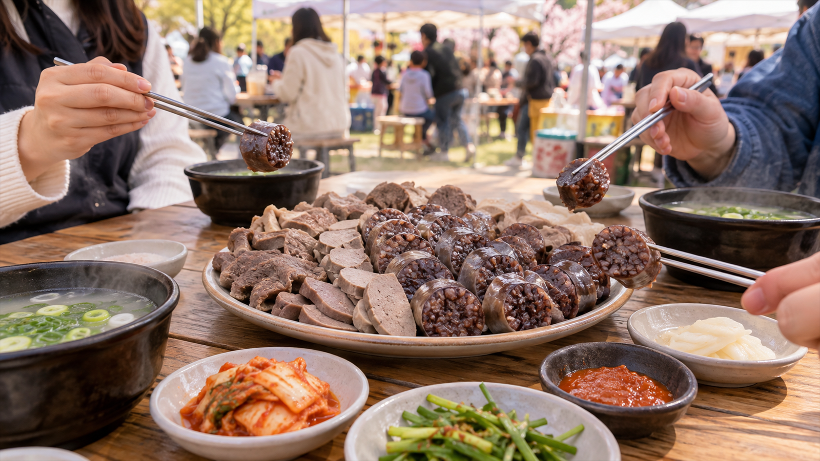 야외 미식 행사에서 여러 사람이 일반 순대 요리를 나눠 맛보는 장면