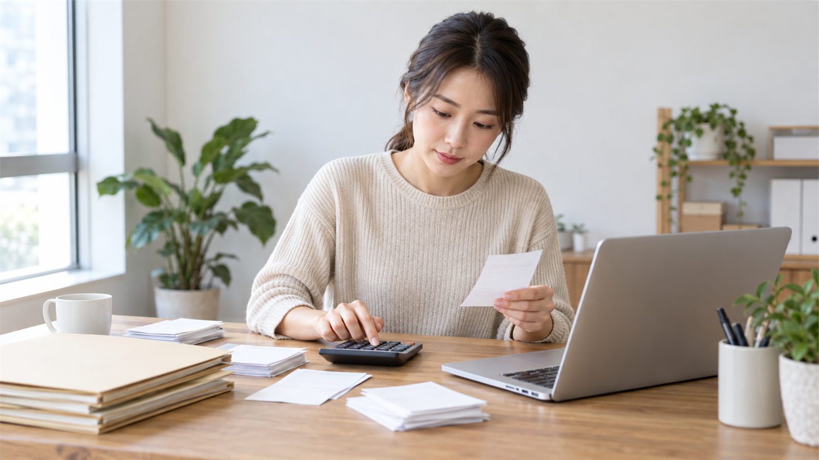개인사업자가 계산기와 증빙서류로 부가가치세 신고를 준비하는 모습