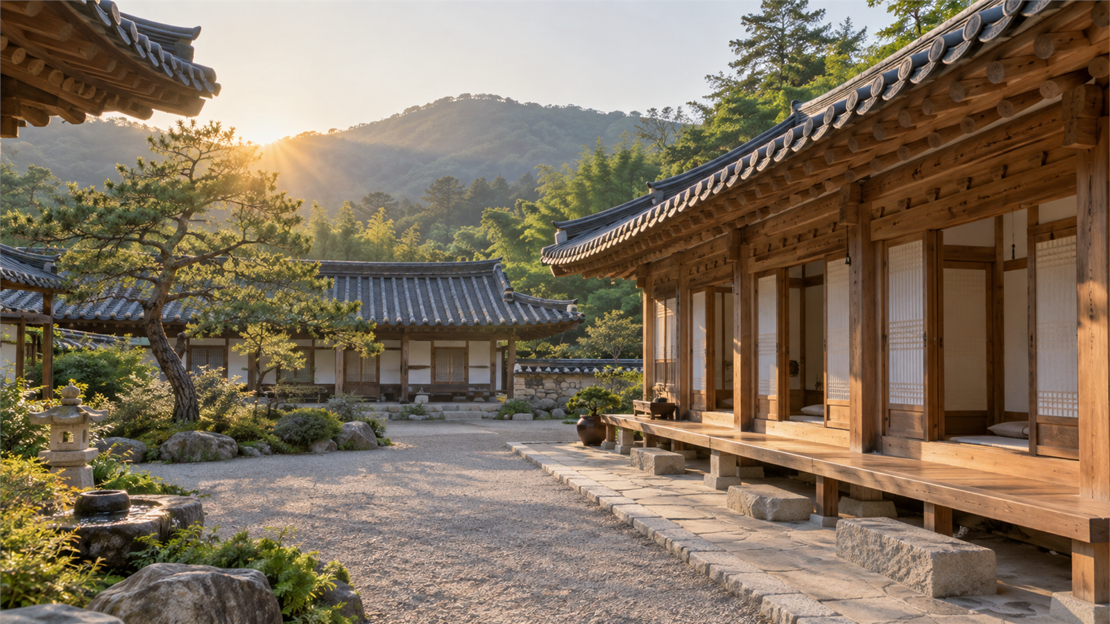 산을 배경으로 전통 사찰 건물과 조용한 마당이 보이는 모습