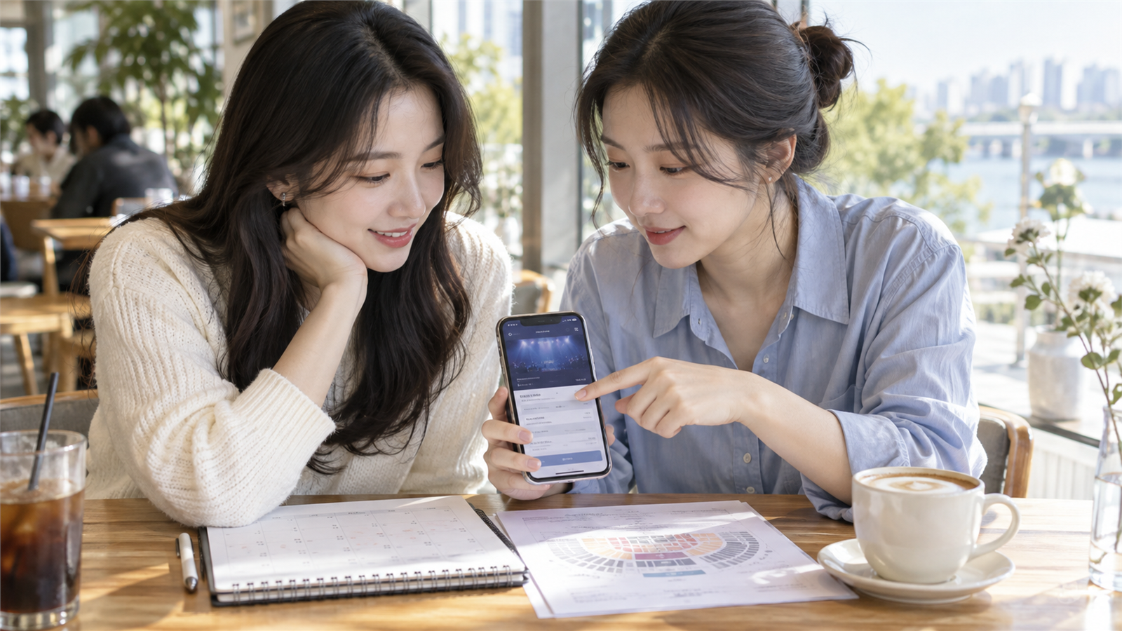 카페에서 공연 일정표와 좌석표를 펼쳐두고 티켓 정보를 확인하는 모습