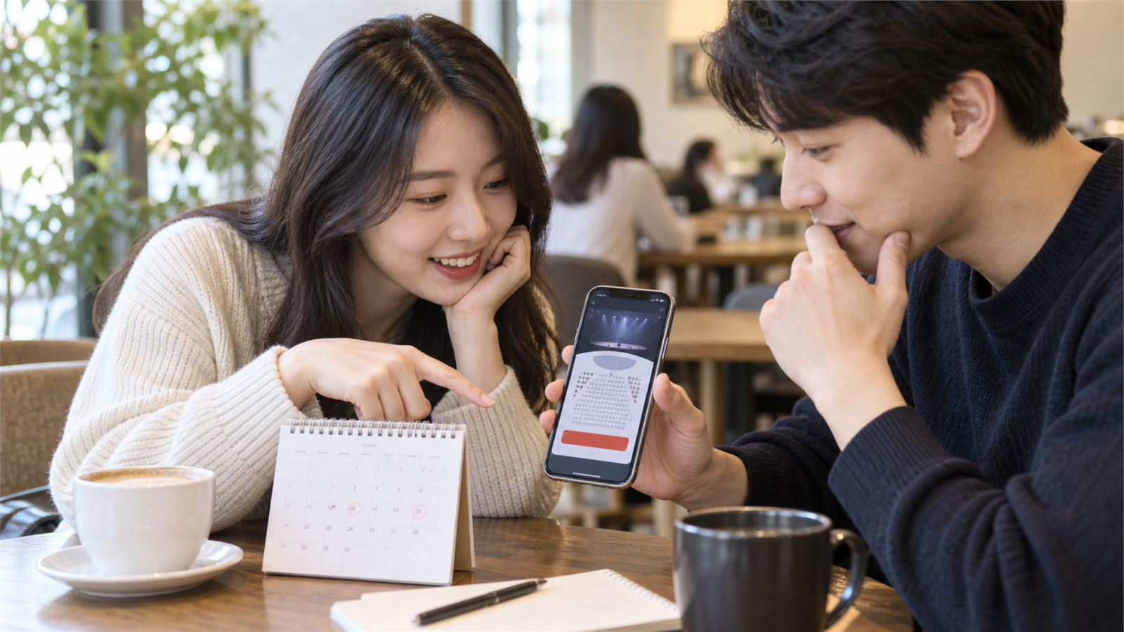 스마트폰 티켓 화면과 공연 일정을 확인하는 관람객