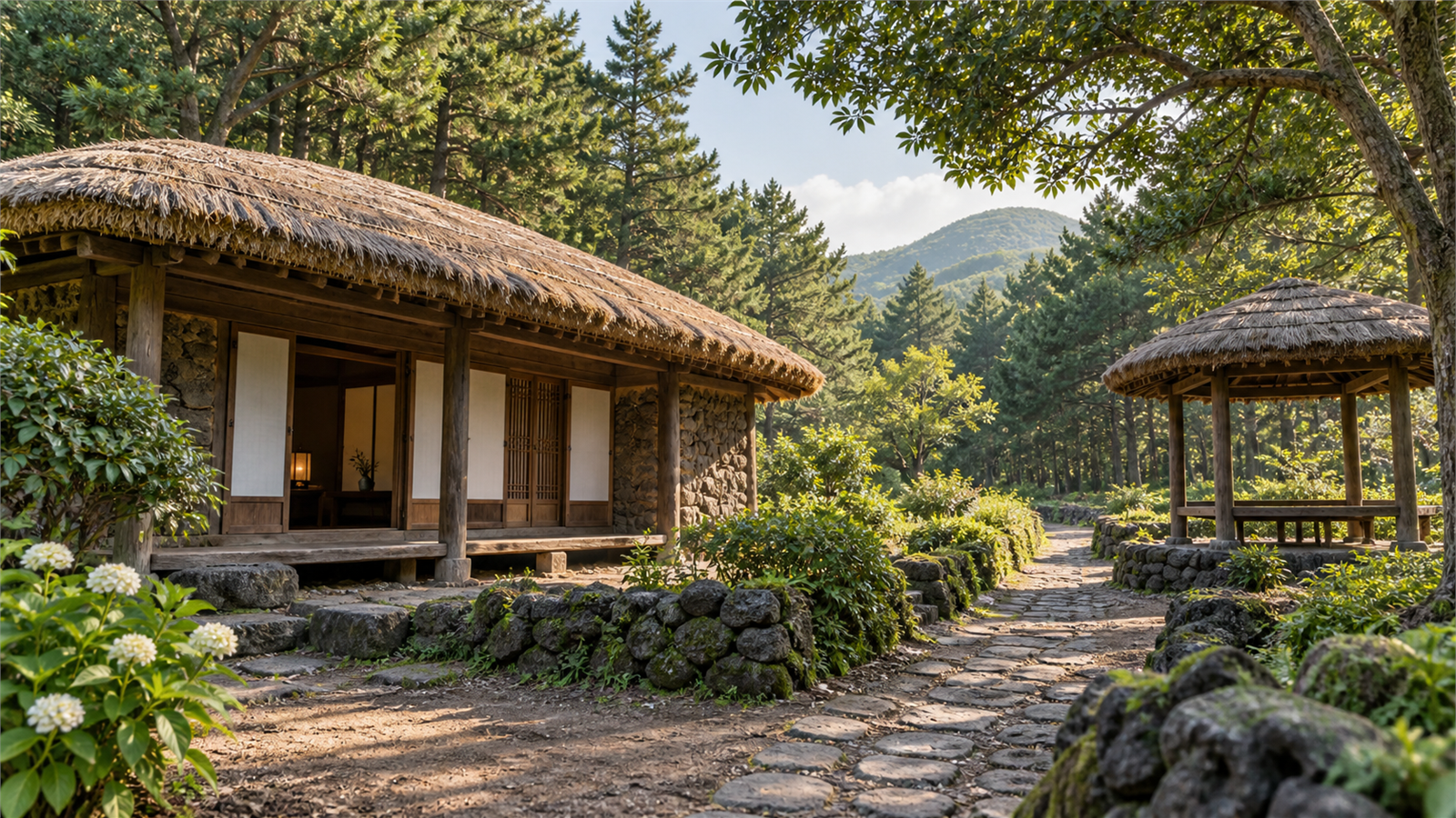 제주 돌담과 초가형 숙소가 울창한 숲에 자리한 풍경