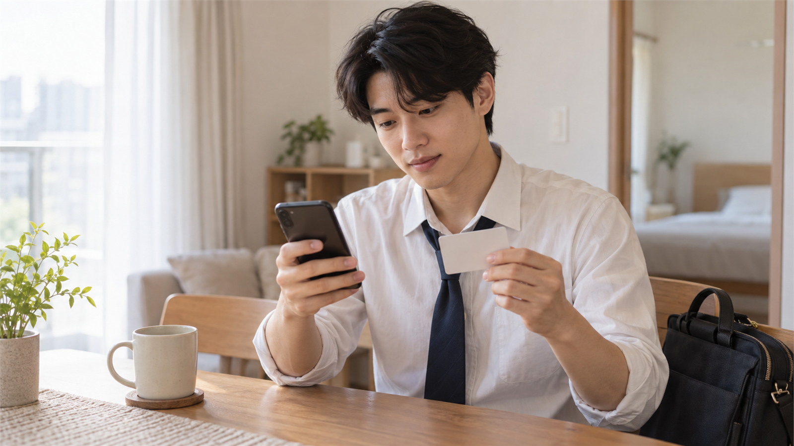 집에서 휴대전화와 무표식 교통카드로 환급 신청을 확인하는 사람