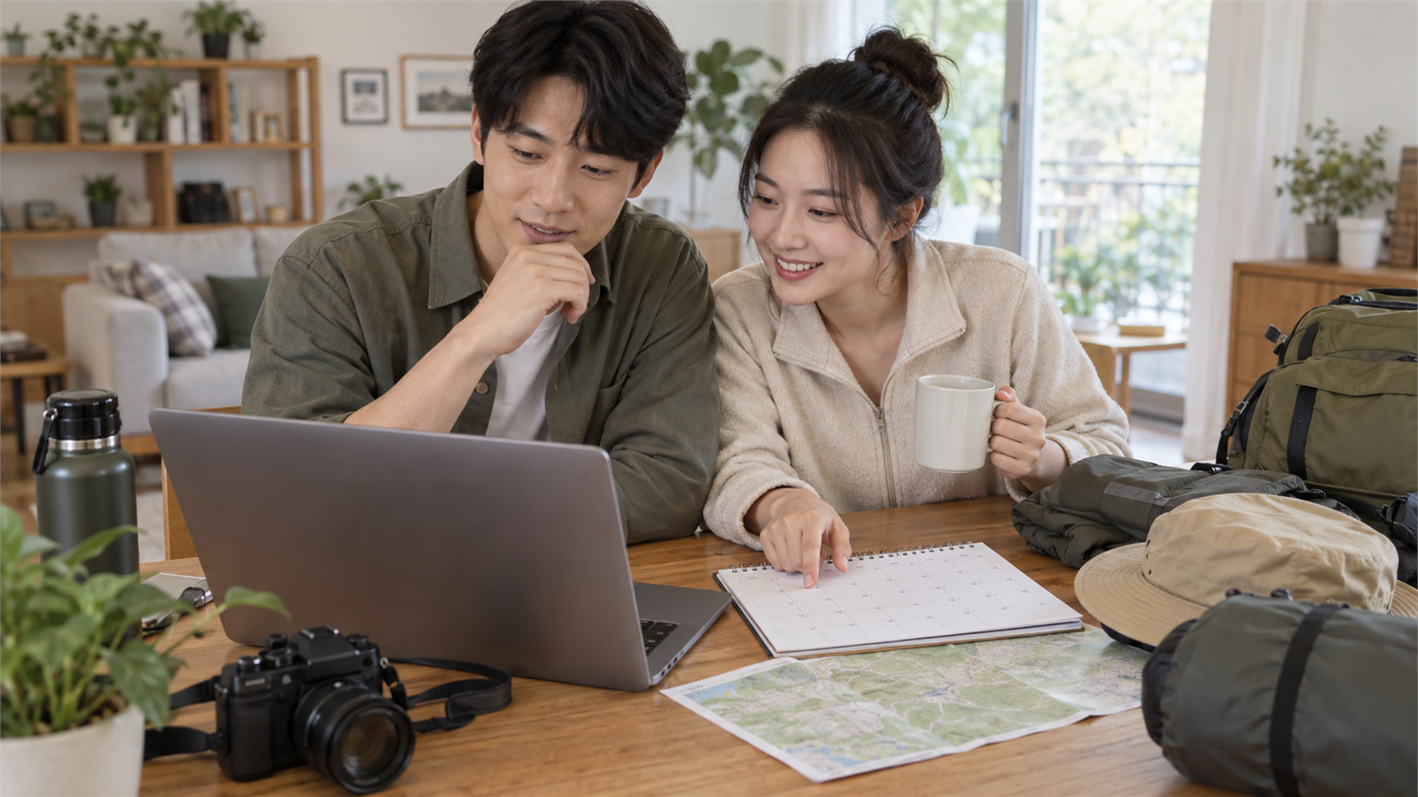 성인 두 명이 노트북과 지도를 보며 숲속 숙박 여행을 준비하는 모습