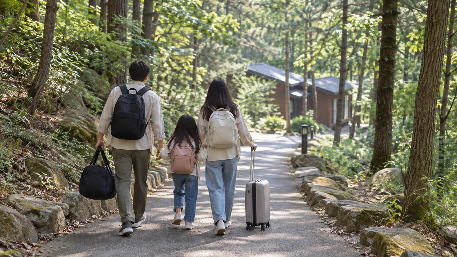 가족이 짐을 챙겨 숲속 휴양 숙소로 이동하는 모습