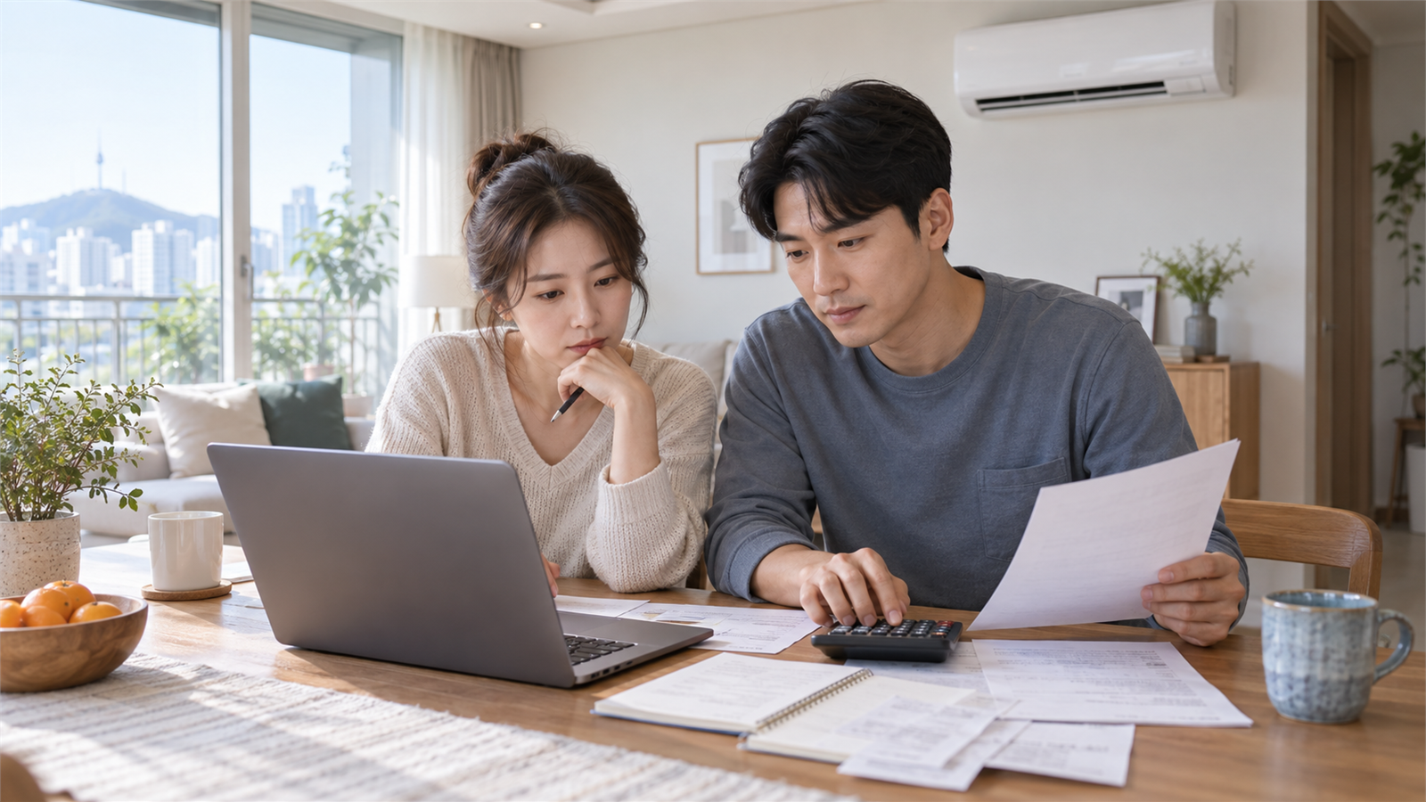 부부가 노트북과 계산기로 가정 전기 사용 내역을 검토하는 장면