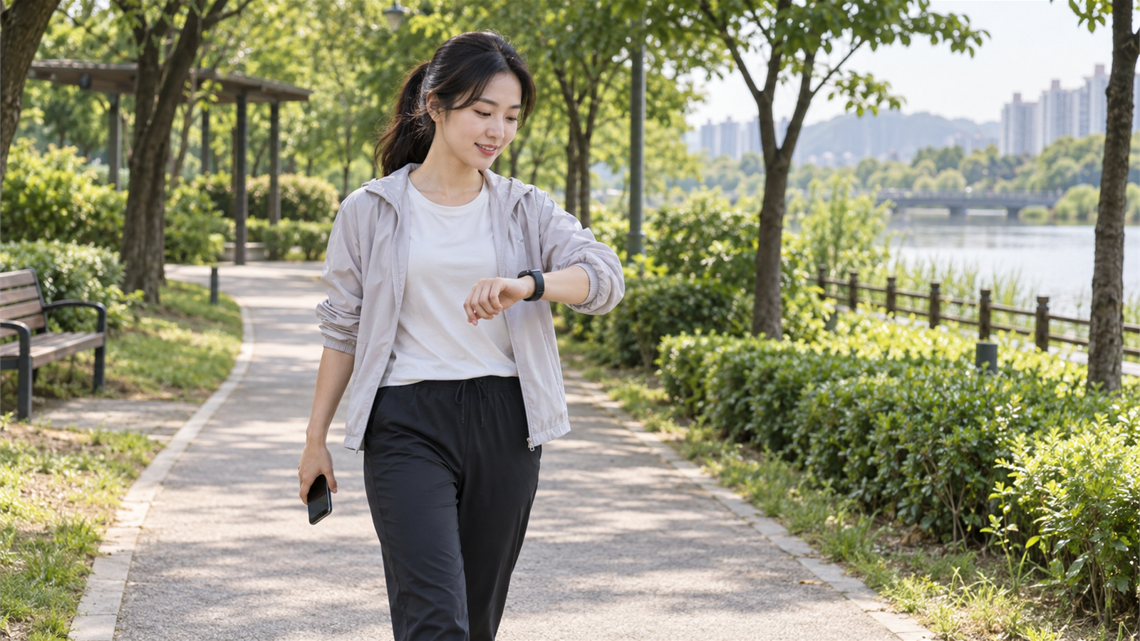 공원에서 걸으며 스마트워치로 활동 상태를 확인하는 한국 성인