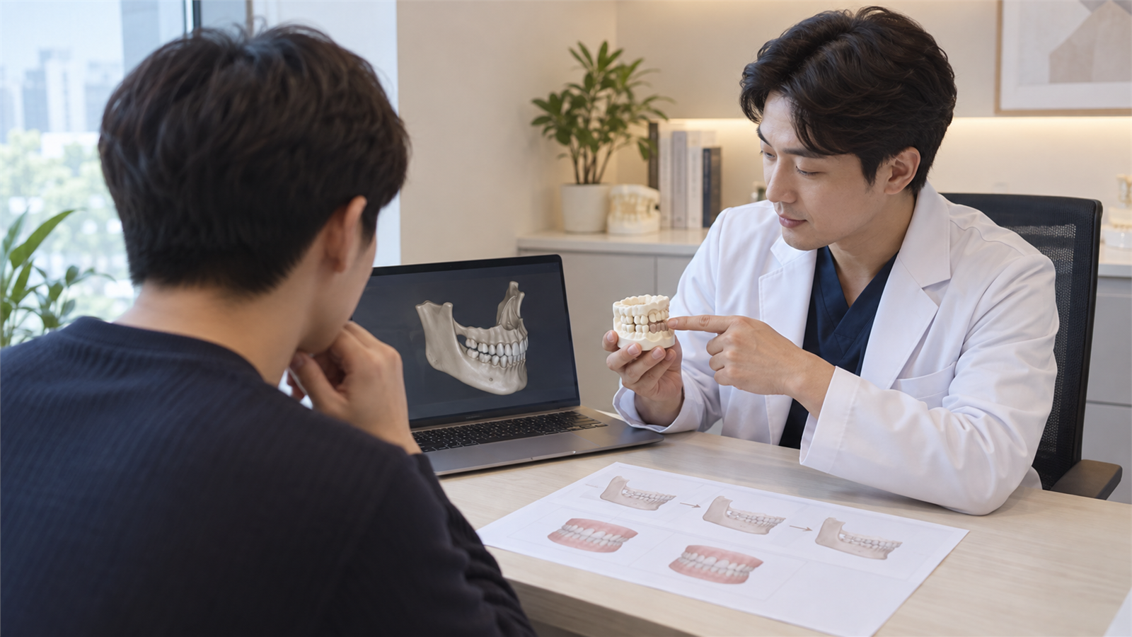 치과 전문의와 환자가 노트북 영상과 치아 모형을 보며 치료계획을 확인하는 장면